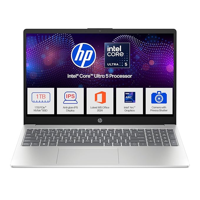 HP 15,Intel Ultra 5 125H (16GB DDR5, 1TB SSD) FHD, IPS, 15.6''/39.6cm, Win11, M365 Basic(1yr)*Office24, Silver, 1.65kg, fd1354TU, Intel Arc Graphics, FHD Camera w/Shutter, AI Powered Laptop