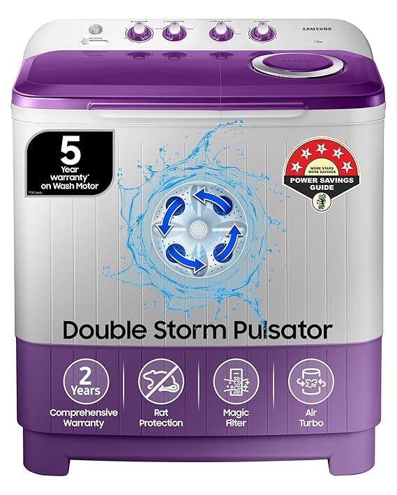 Samsung 7 kg, 5 star, Semi Automatic Top Load Washing Machine (WT70M3000UU/TL, Air Turbo Drying, LIGHT GRAY, 5 Year Warranty on Wash Motor)